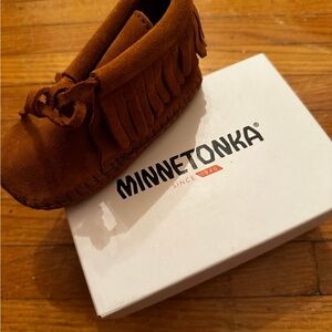 Minnetonka Tan Kids Moccasins with Fringe